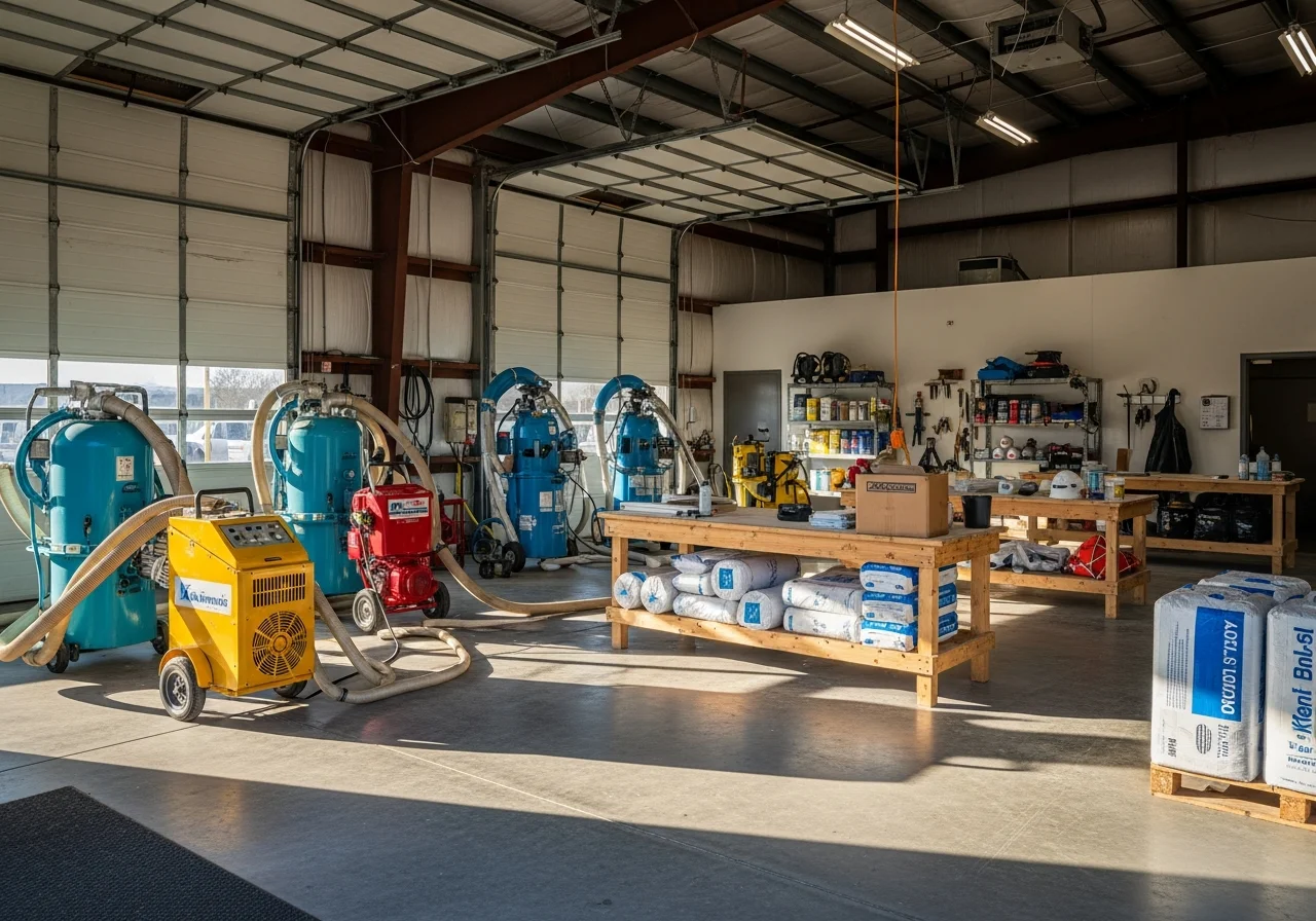 Insulation contractor tools and materials staged for residential service work.