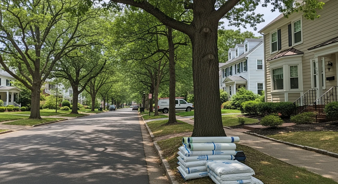 Tree-lined residential street in Vienna, VA with well-maintained homes and mature landscaping.