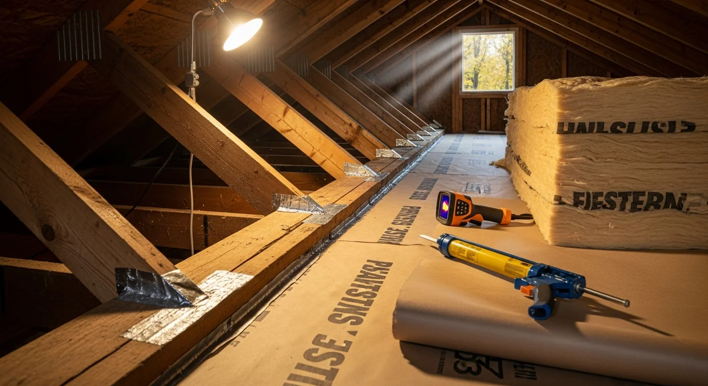 Interior view of a Vienna home attic showing sealed soffit vents and fresh pest-resistant insulation installed across the attic floor. A technician inspects the roofline perimeter for open entry points near the eaves.