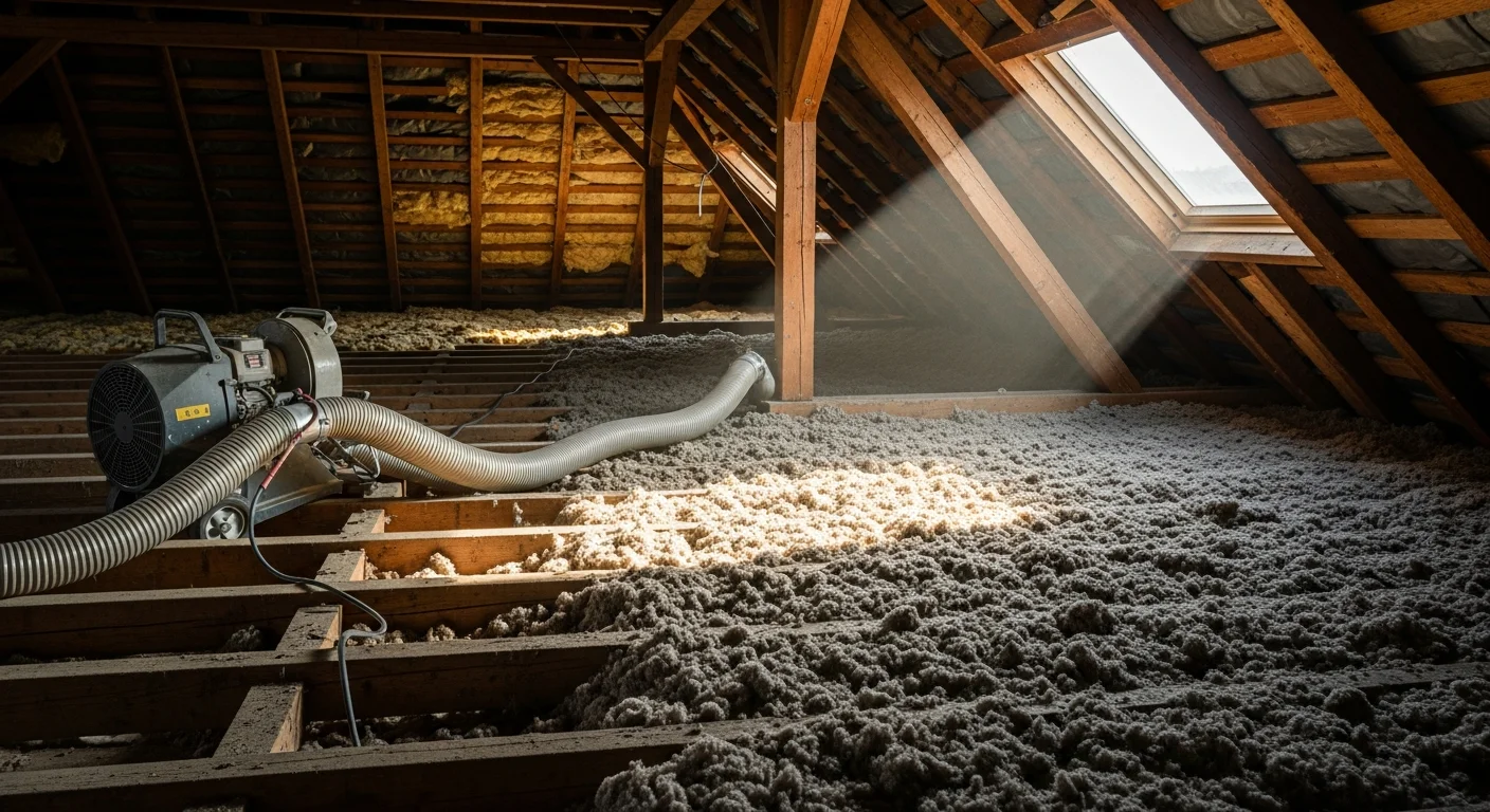 A technician from Kelvin's Insulation uses a blowing hose to install loose-fill insulation evenly across an attic floor in a Vienna home. The attic joists are visible beneath a thick, uniform layer of blown-in insulation material.