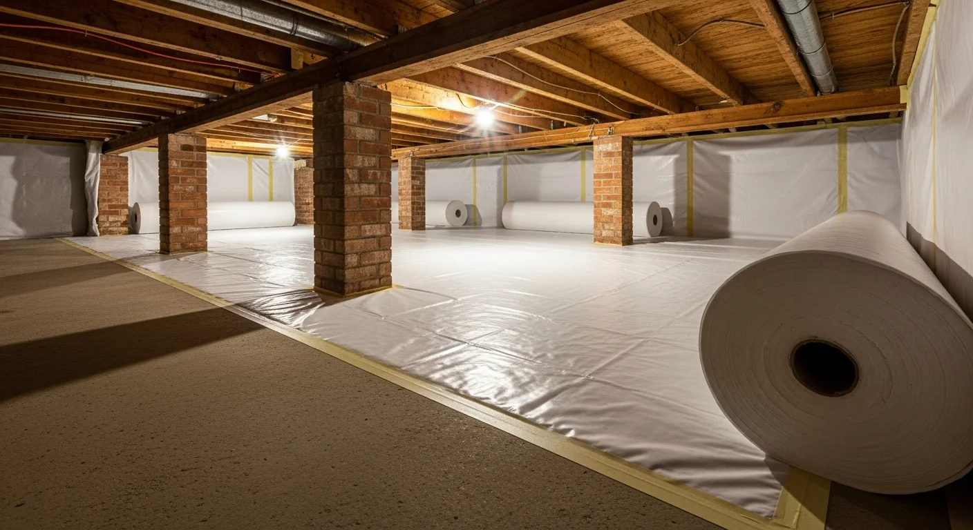 A sealed crawl space beneath a Vienna, Virginia home showing a clean white vapor barrier covering the floor and foundation walls. The encapsulated space is dry and free of visible moisture, mold, or damaged insulation.