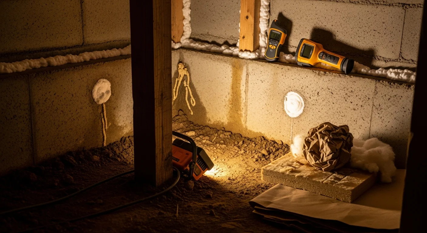 A Vienna home crawl space with sealed foundation vents and a clean, dry floor after pest protection service. A pest control technician inspects the perimeter for entry points and signs of termite or rodent activity.