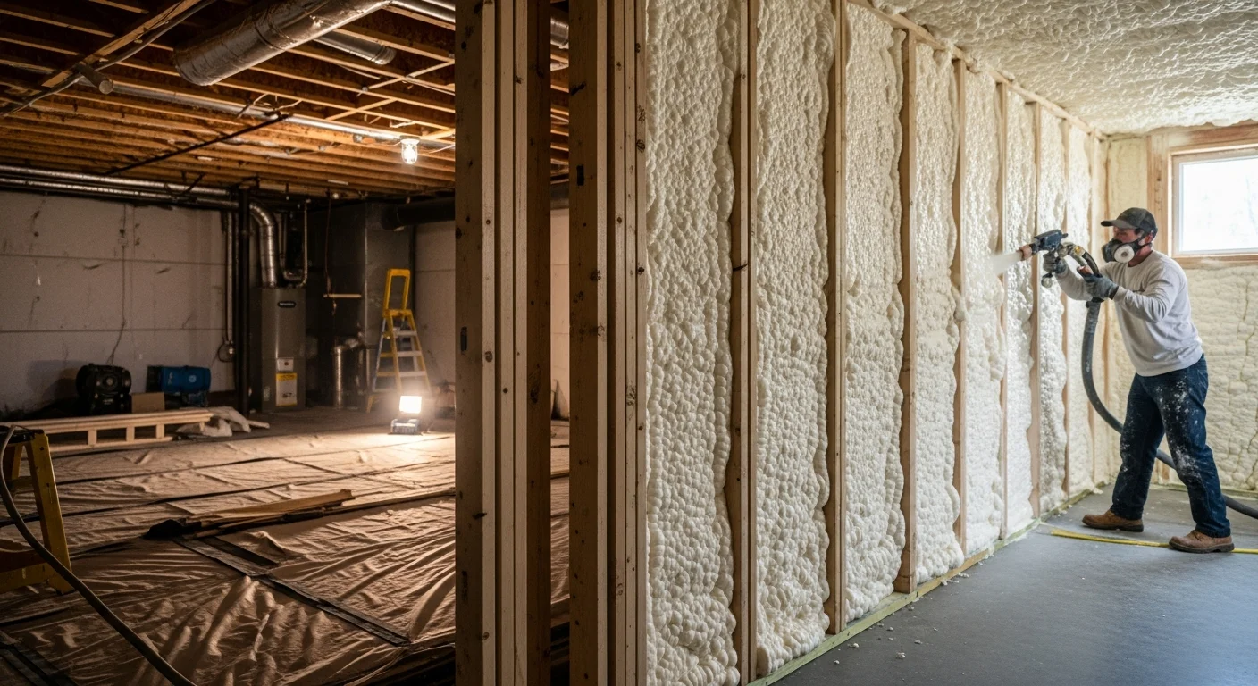 A Kelvin's Insulation technician applying spray foam insulation to the interior wall cavity of a Vienna residential property. The foam is shown expanding to fill the full cavity between wall studs during a retrofit installation.