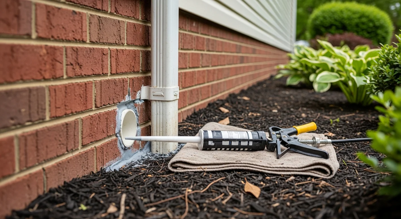 A pest control technician from Kelvin's Insulation sealing a gap around a utility pipe on the exterior wall of a Vienna home. Close-up view showing the sealed penetration point with surrounding siding and foundation visible.