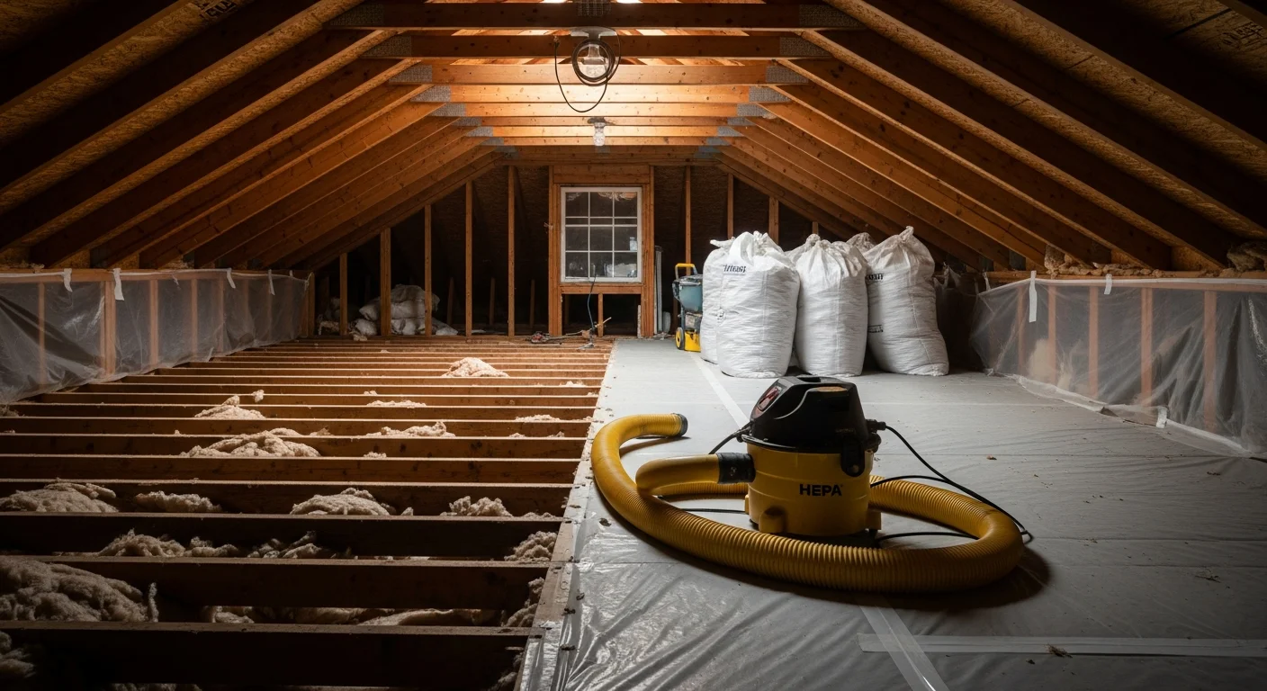 A Vienna home attic with old degraded insulation fully removed, exposing clean joists and a clear floor ready for new insulation installation. An insulation contractor in protective gear stands near industrial vacuum equipment used during the removal process.
