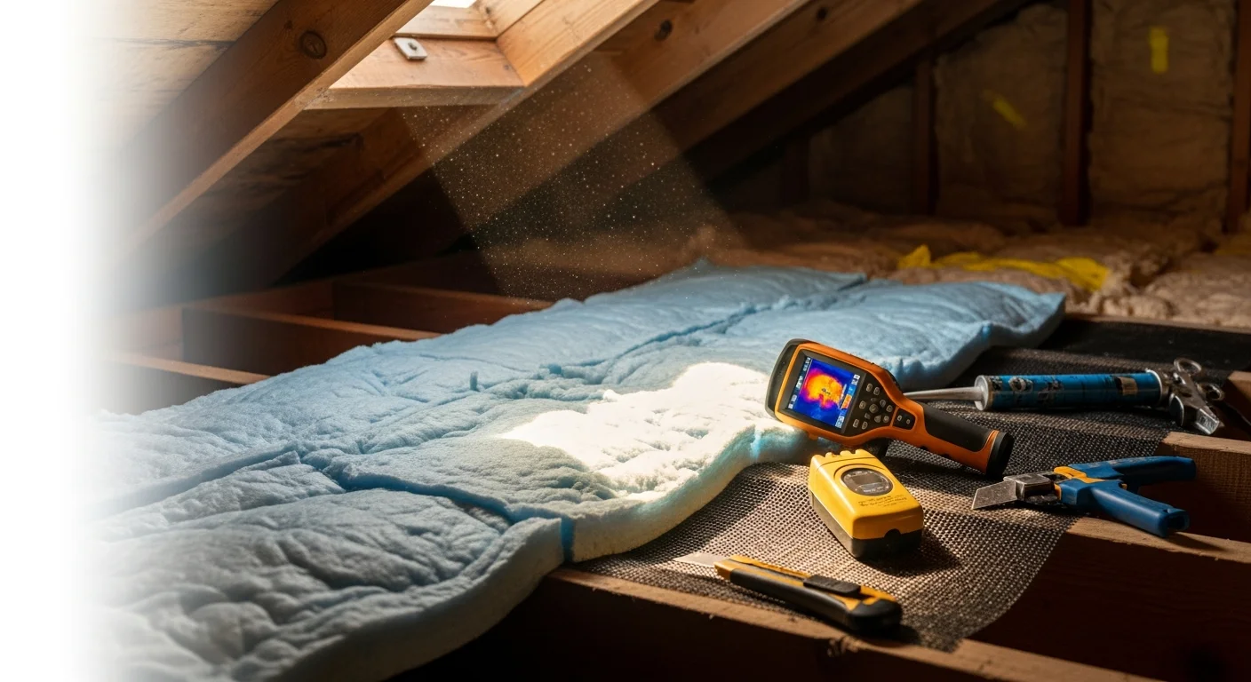 A Vienna home attic after pest control insulation installation, showing evenly distributed treated insulation covering the attic floor with no visible pest damage or gaps. A technician in protective gear stands near the access hatch after completing the installation.