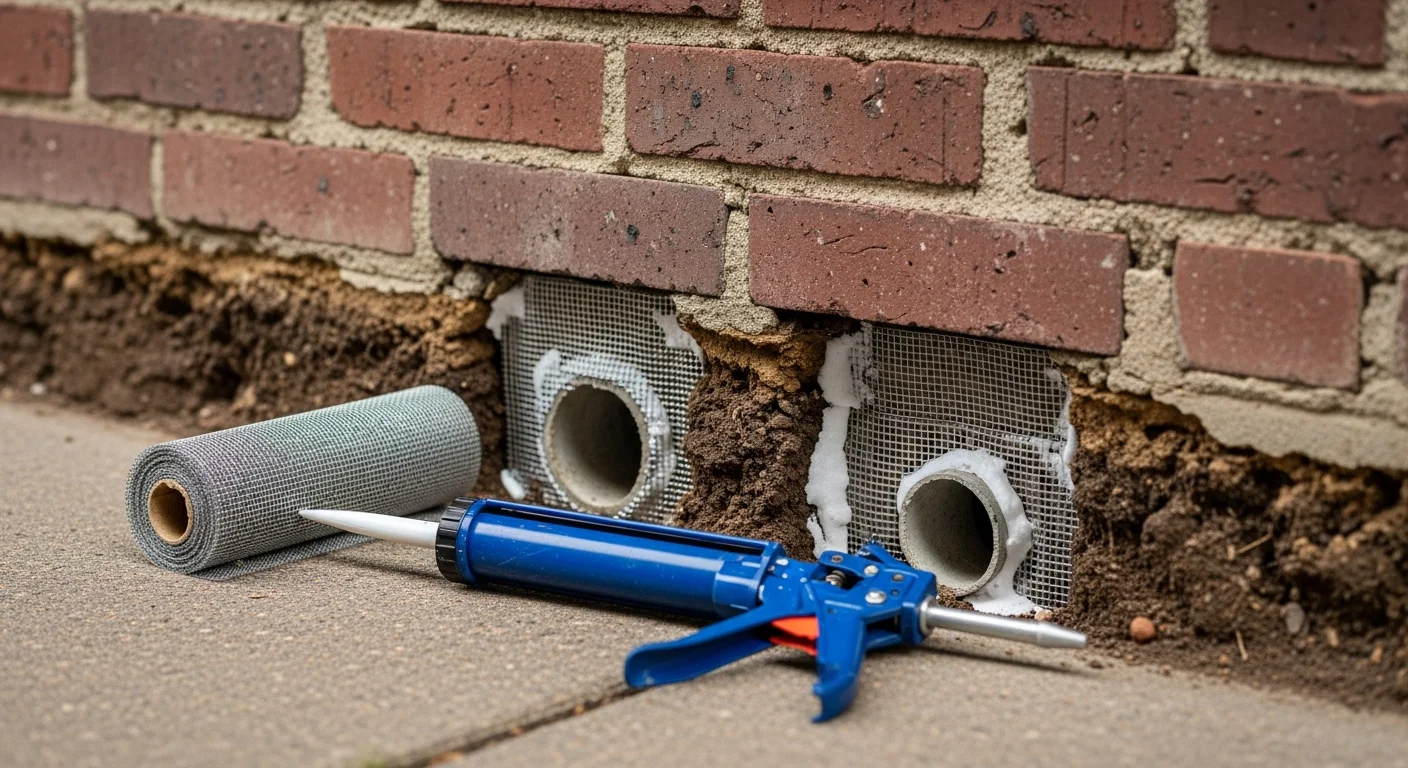 A pest control technician from Kelvin's Insulation sealing a foundation gap on a Vienna residential property to prevent rodent entry. Close-up view of a sealed pipe penetration at the base of an exterior wall with professional-grade exclusion material applied.